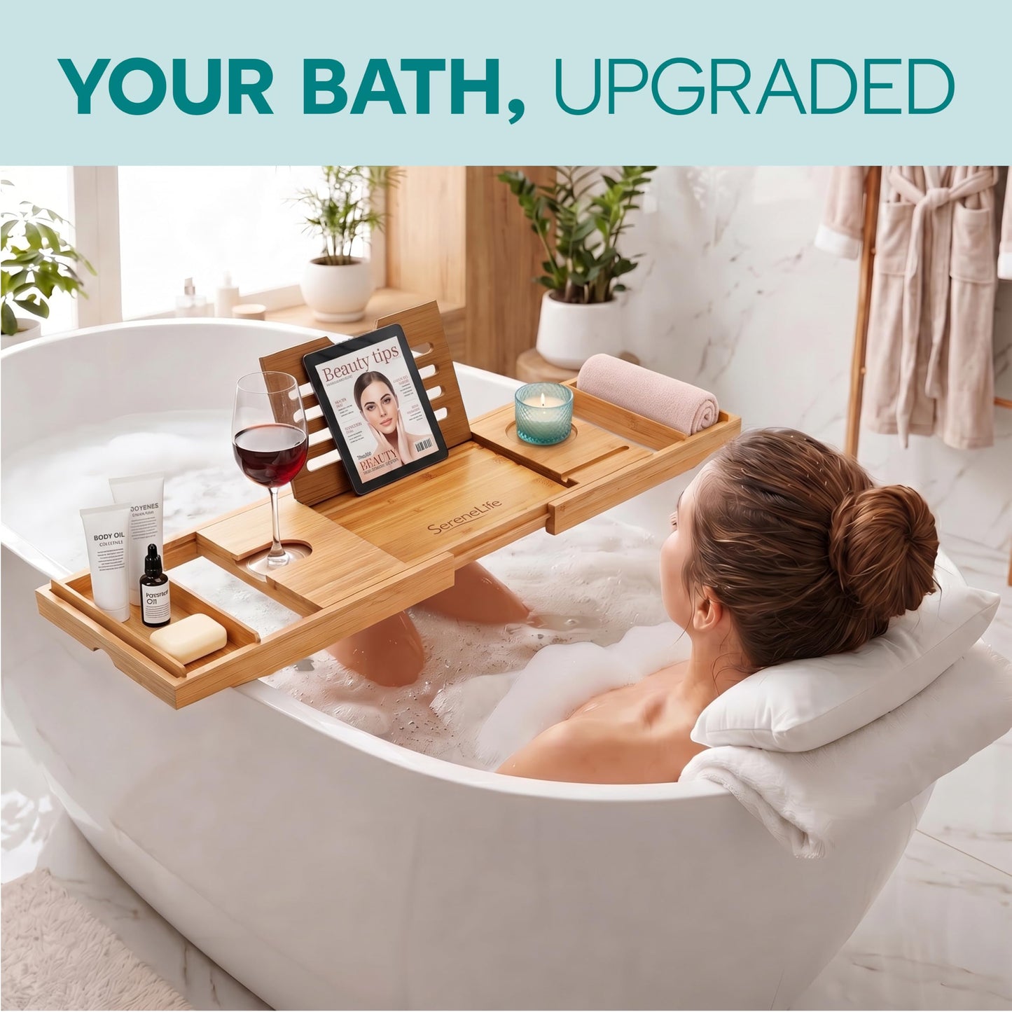 SereneLife Bath Caddy Breakfast Tray Combo - Natural Bamboo Wood Waterproof Tub and Bed with Folding Slide-Out Arms, Device Grooves, Wine Glass Soap Holder