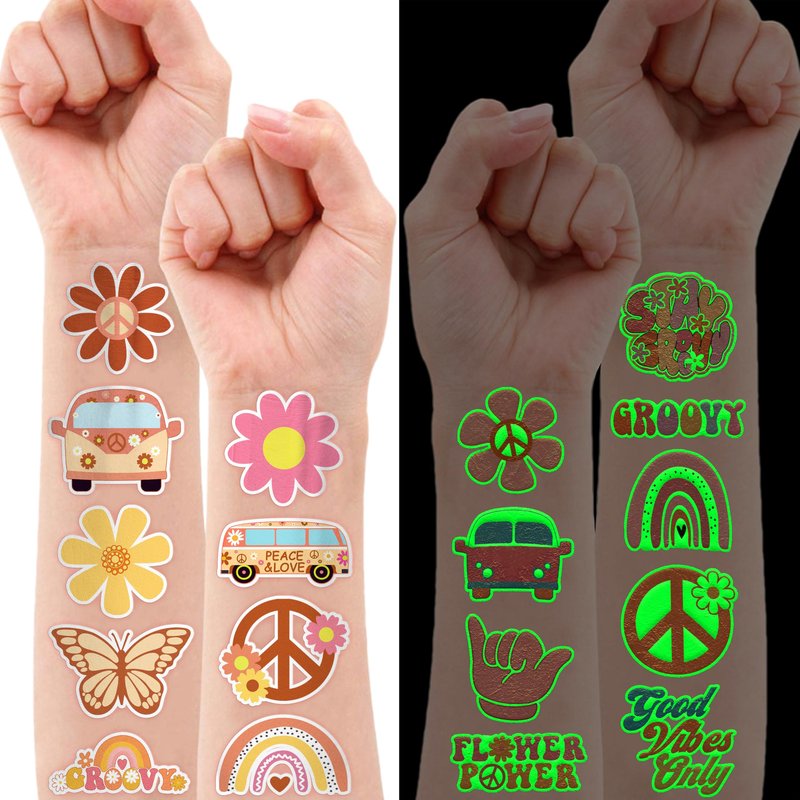 96PCS One Two Groovy 60s 70s Pre-Cut Luminous Temporary Tattoos for Kids Birthday Theme Party Supplies Decorations Favors Decor Super Cute Retro Hippie Rainbow Tattoo Stickers Gifts for Girls Boys
