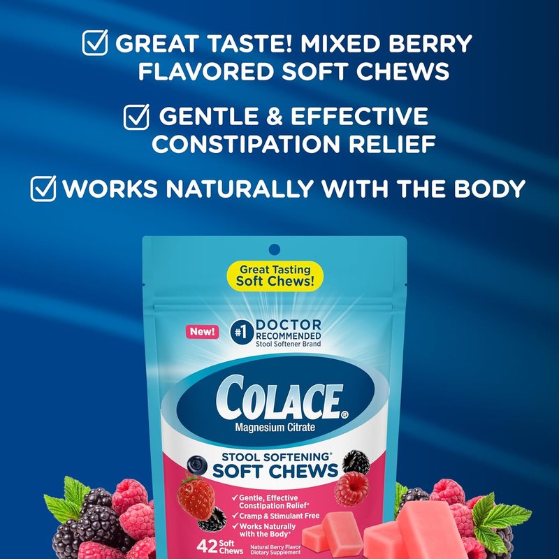 Colace Stool Softener Chews - Gentle Constipation Relief | 42 Count, Mixed Berry Flavor