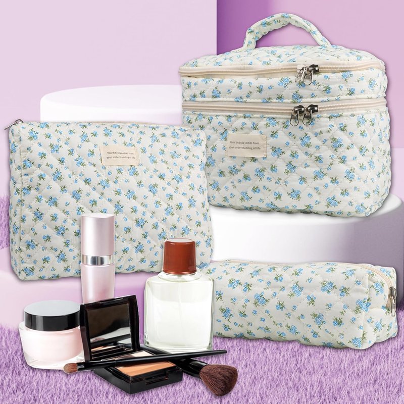 Quilted Floral Makeup Bag Set for Women - Dual Layer Travel Cosmetic Organizer | Blue Rose (3 Pcs)