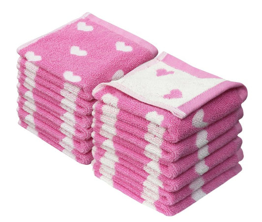 ORIGINAL KIDS Wash Cloth - Bath Time Hearts 12 Pack Washcloth Set - 100% Cotton Jacquard Colorful Absorbent Quick Dry Face Towel - Super Soft Face Cloth 12x12 inches - Pink White