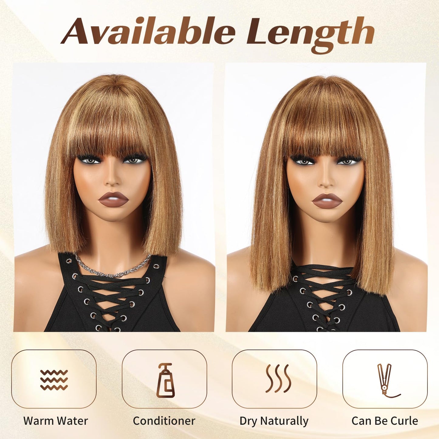 ELLORS 10 Inch Highlight Ombre Bob Wig Human Hair With Bangs Glueless 2x1 HD Lace Wigs, Short Wigs For Women Yaki Straight