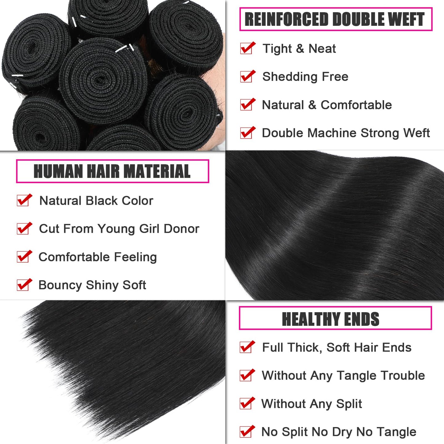 NROOEAY Straight Bundles Human Hair 20 inch 100% Unprocessed Brazilian Straight Hair Bundles 12A Remy Virgin Retain the Intact Cuticle, Long Lifespan