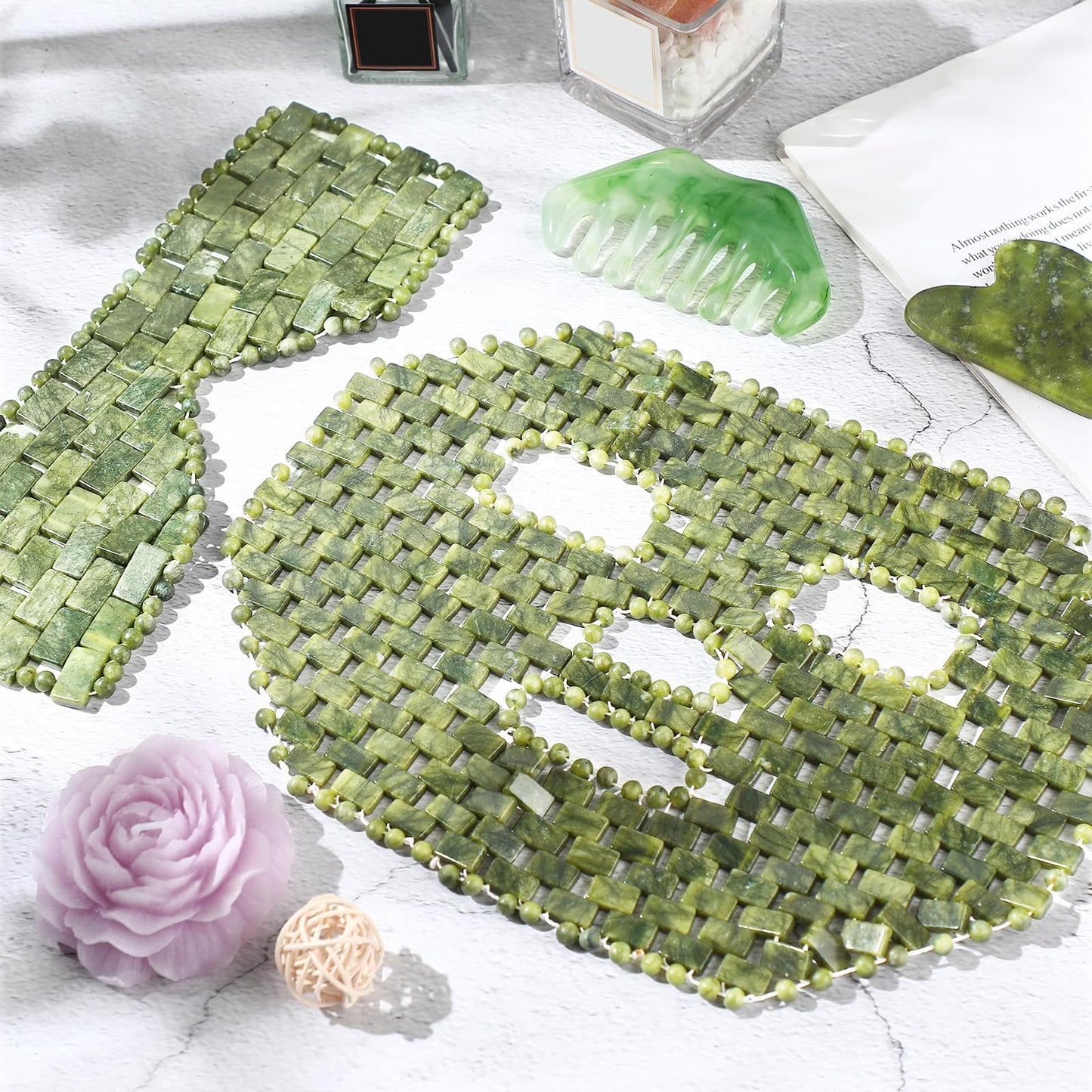 Demissle 4 Pcs Jade Eye Mask Jade Stone Facial Mask Scrap Massage Tool Hair Comb Facial Eye Cooling Stone Massage Tools for Puffy Eyes Dark Circles Gift(Dark Green)