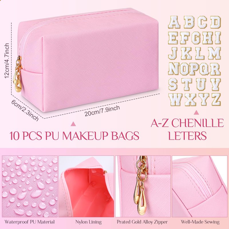 Kigeli 10 Pcs Aesthetic Makeup Bag with 26 Chenille Letters PU Leather Initial A-z Preppy Patch Bag Bachelorette Party Favors Cosmetic Pouches for Women with Zipper Bridal Shower Favors(Pink)