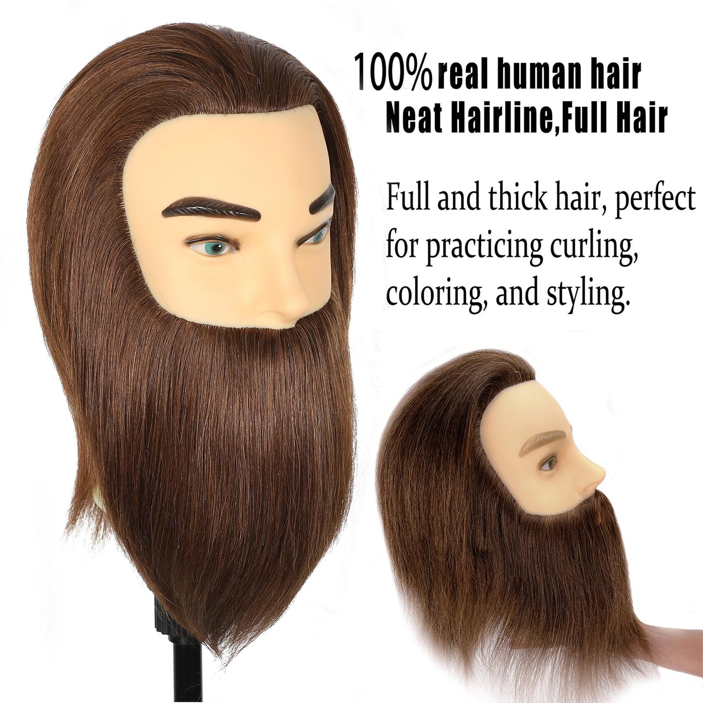 Male Mannequin Head with Beard 100% Real Human Hair Haircut Training Head for Cosmetology Straight Thick Hair Manikin Head Doll Head with Stand Practice Cutting Styling,Barber Shop,Cosmetology School