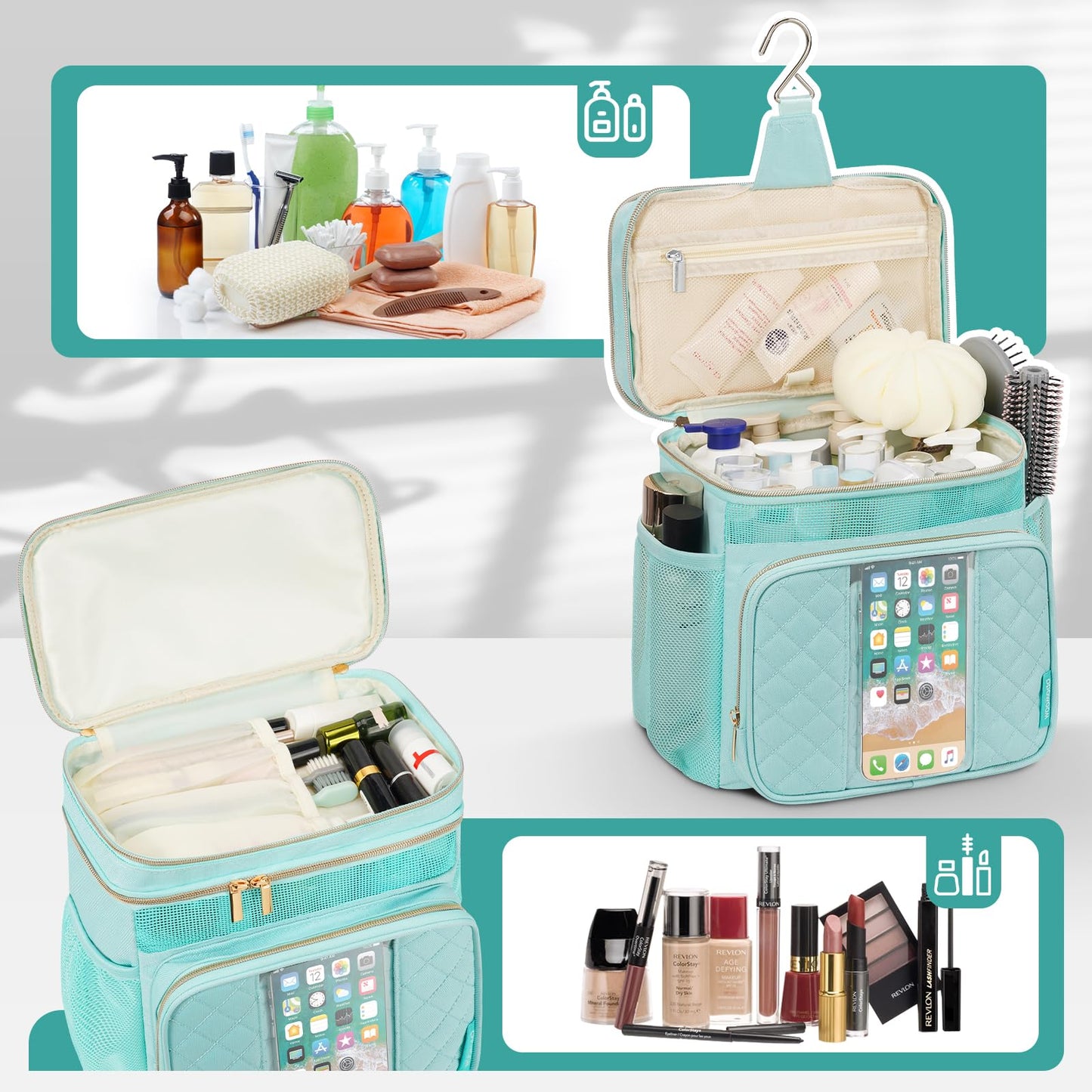 WOOMADA Toiletry Bag with Hanging Hook, Large Hanging Toiletry Bag for Women, Portable Shower Caddy for Travel, Breach, Gym, Camping(Turquoise)