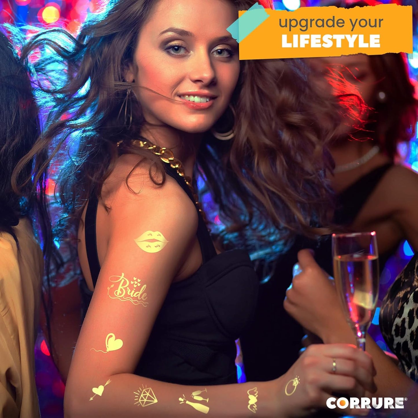 CORRURE Bachelorette Tattoos - 38pcs Gold Temporary Metallic Tattoo Stickers for Bridesmaids and Bride Tribe - Bachelorette Party Decorations, Bridal Party Favors, Games and Women Accessories