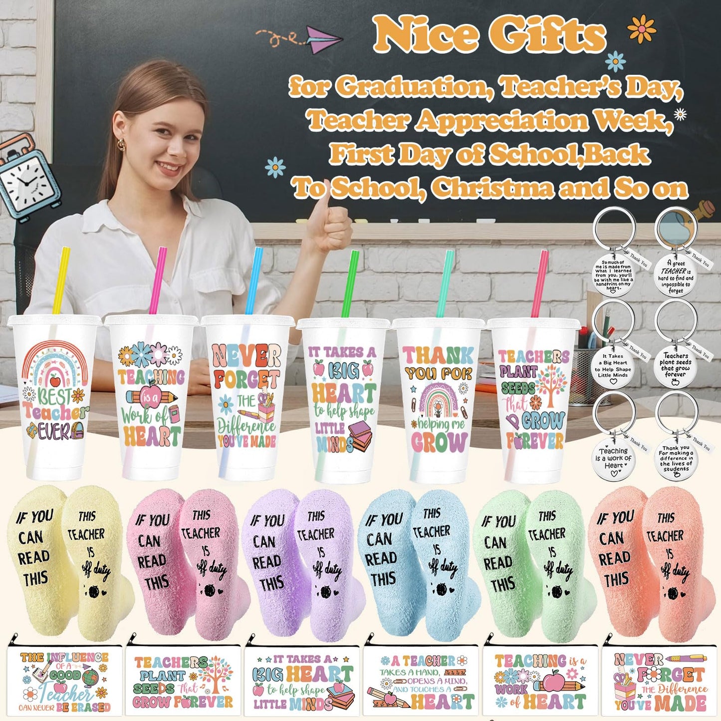 Funnymoom 24 Pcs Christmas Gifts Set Include 24 oz Merry Christmas Plastic Tumbler Cup with Lids and Straw Makeup Cosmetic Bag Candy Cane Crew Sock Keychain for Xmas Winter Friendmas Gifts