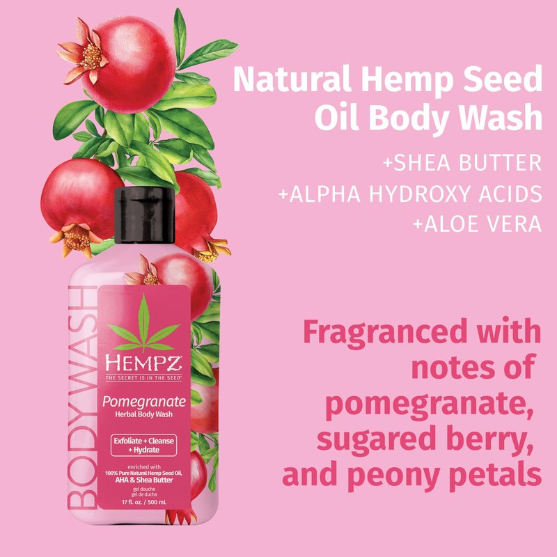 Hempz Body Wash - Pomegranate - Hydrating for Sensitive Skin, Scented, Exfoliating with Shea Butter, Pure Hemp Seed Oil, and Algae for Sensitive Skin - 17 fl oz