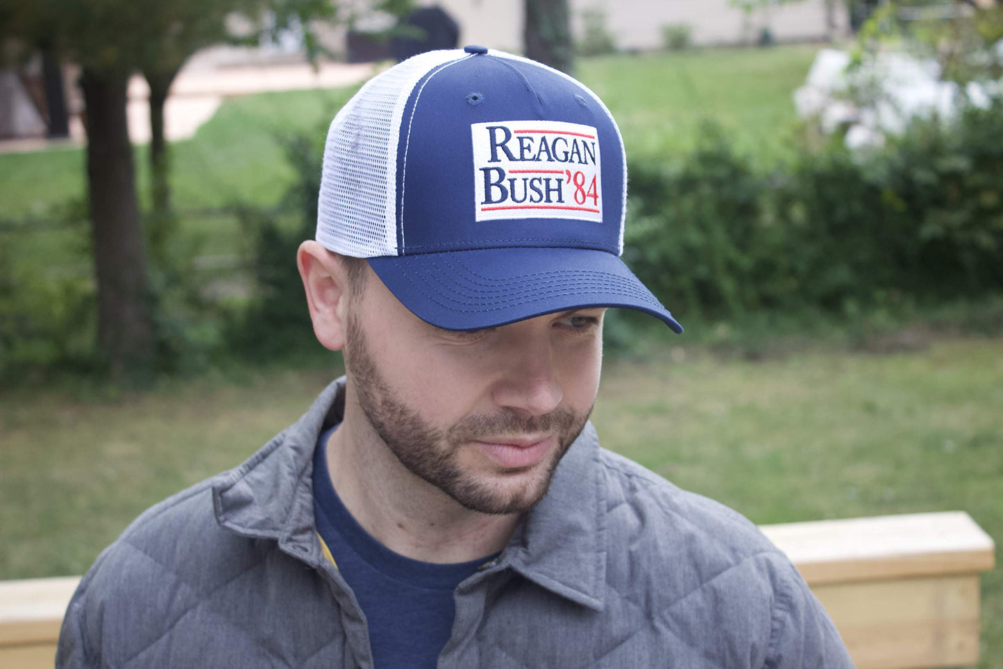 Urban Ridge Reagan Bush ’84 Adult Trucker Hat Snapback, Navy Blue with Embroidered Patch