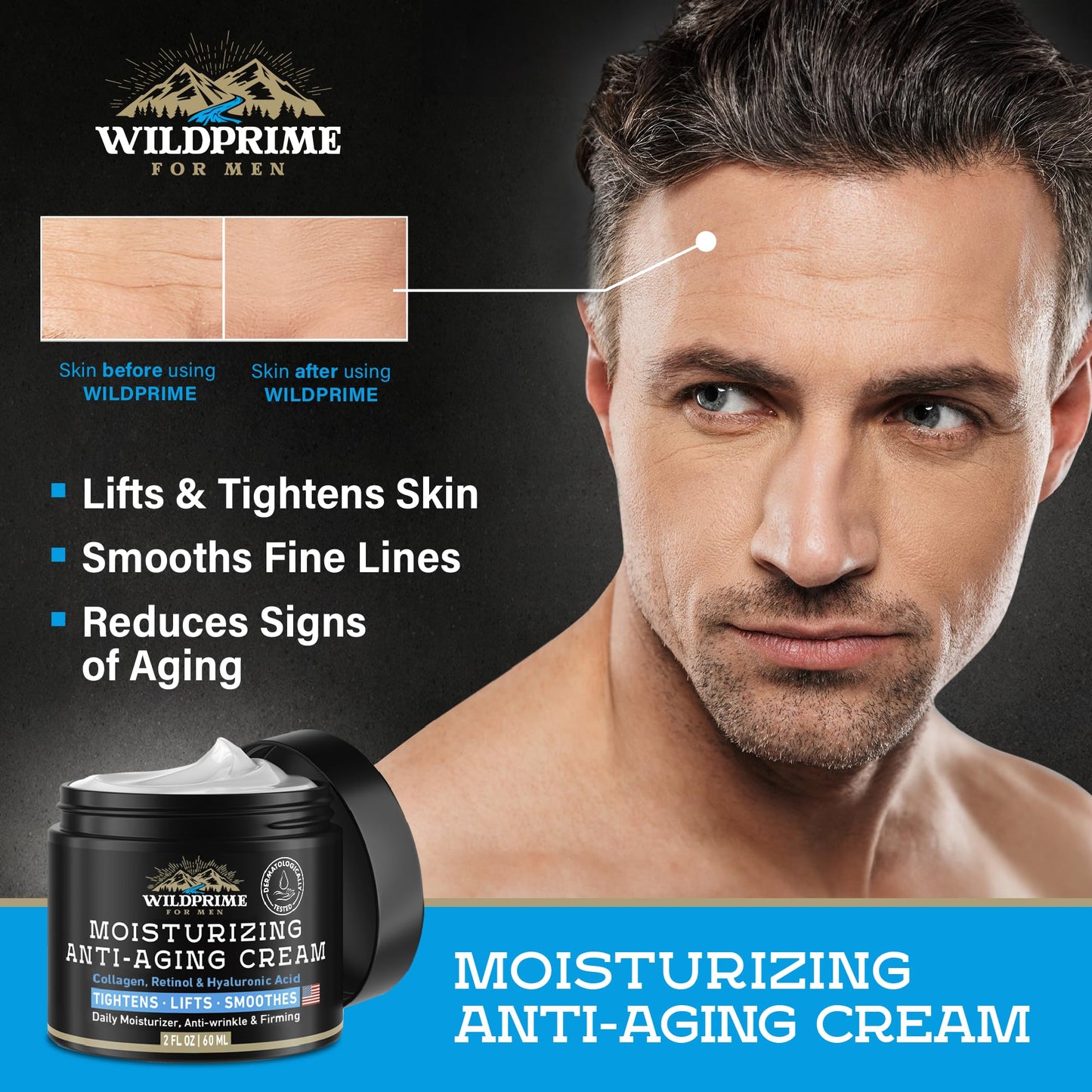 Men's Face Moisturizer Cream - Anti Aging & Wrinkle - Men's Shave Lotion - Made in USA - Collagen, Hyaluronic Acid, Vitamins E & A, Avocado Oil - Age Facial Skin Care, Day & Night Moisturizing, 2 oz