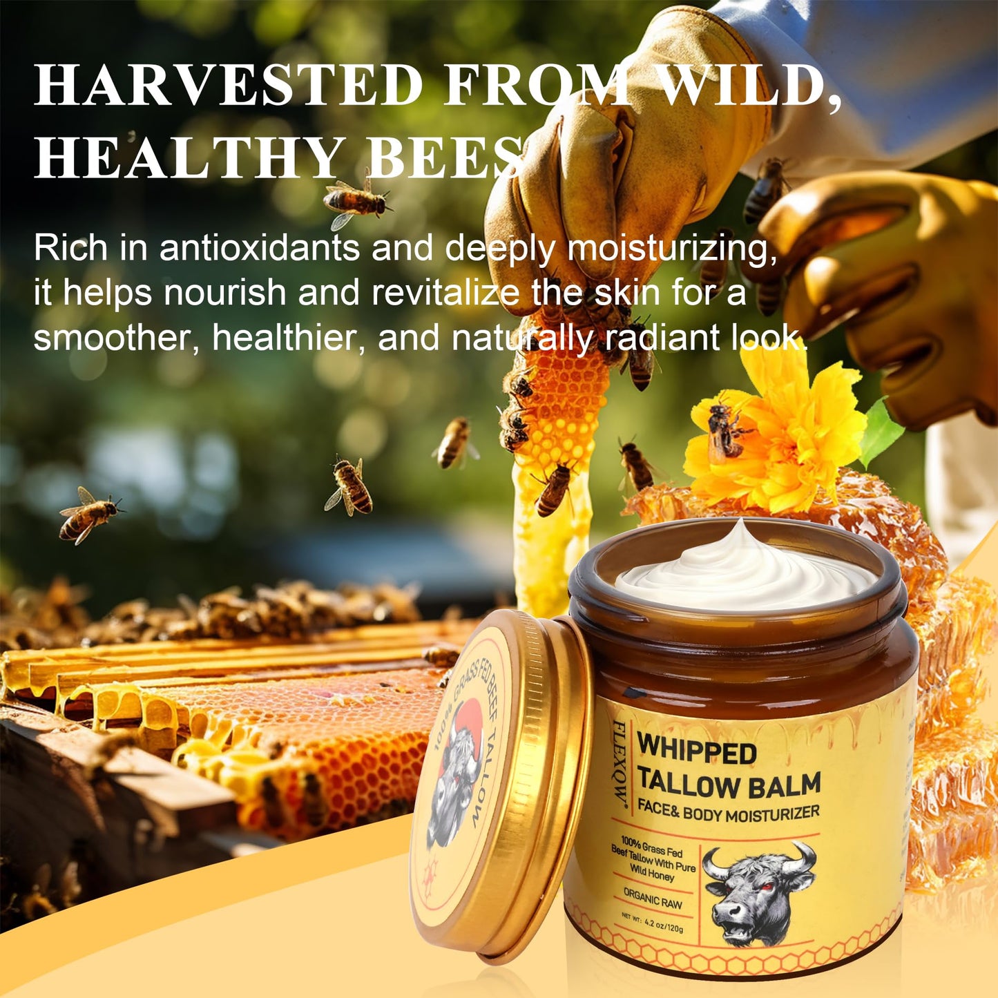 FLEXQW Organic Raw Whipped Tallow Balm | 7X Moisturizing Grass Fed Beef Tallow Face & Body Moisturizer with Wild Honey, Beeswax | Skin Repair for Dry Sensitive Skin, Hands & Feet | 4.2 oz/120g 2Pack