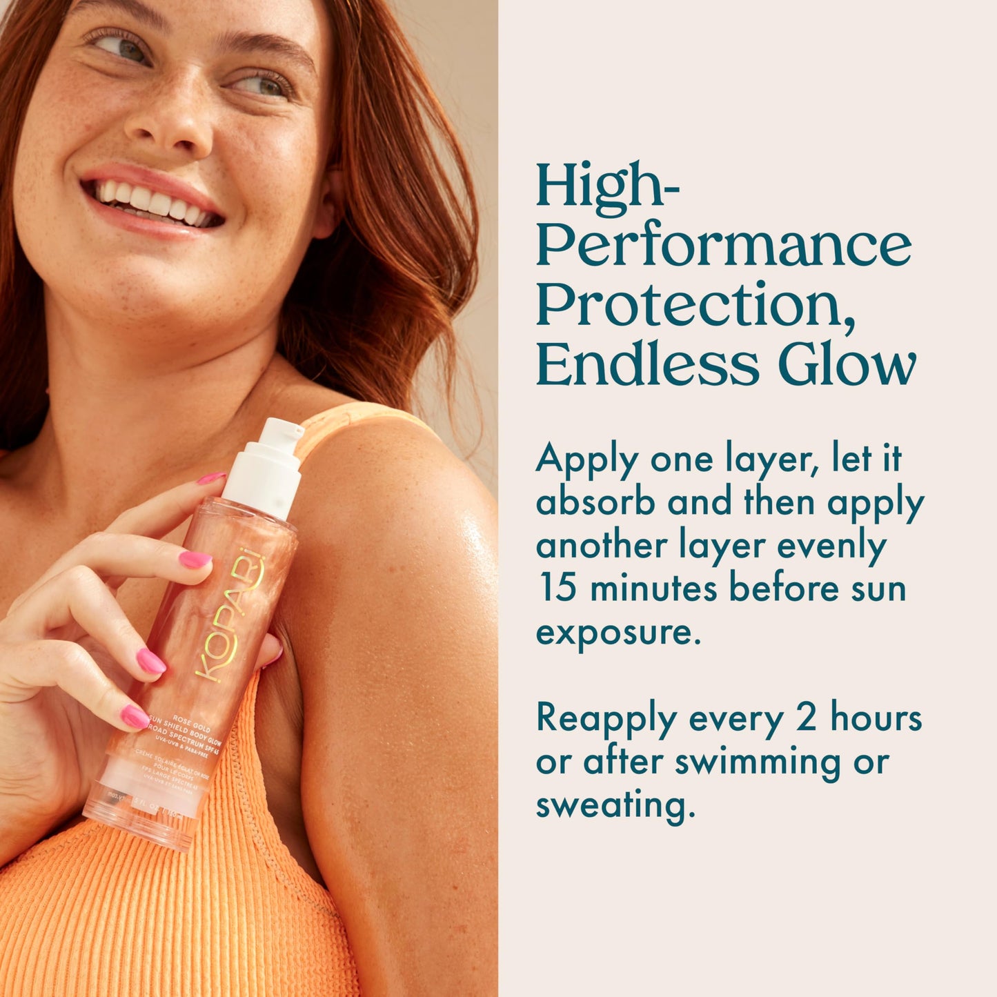 Kopari Sun Shield Body Glow, Broad Spectrum SPF 45, Lightweight Shimmering Gel Texture Absorbs Quickly, Non Sticky, Glowing Results, Rose Gold 5 oz