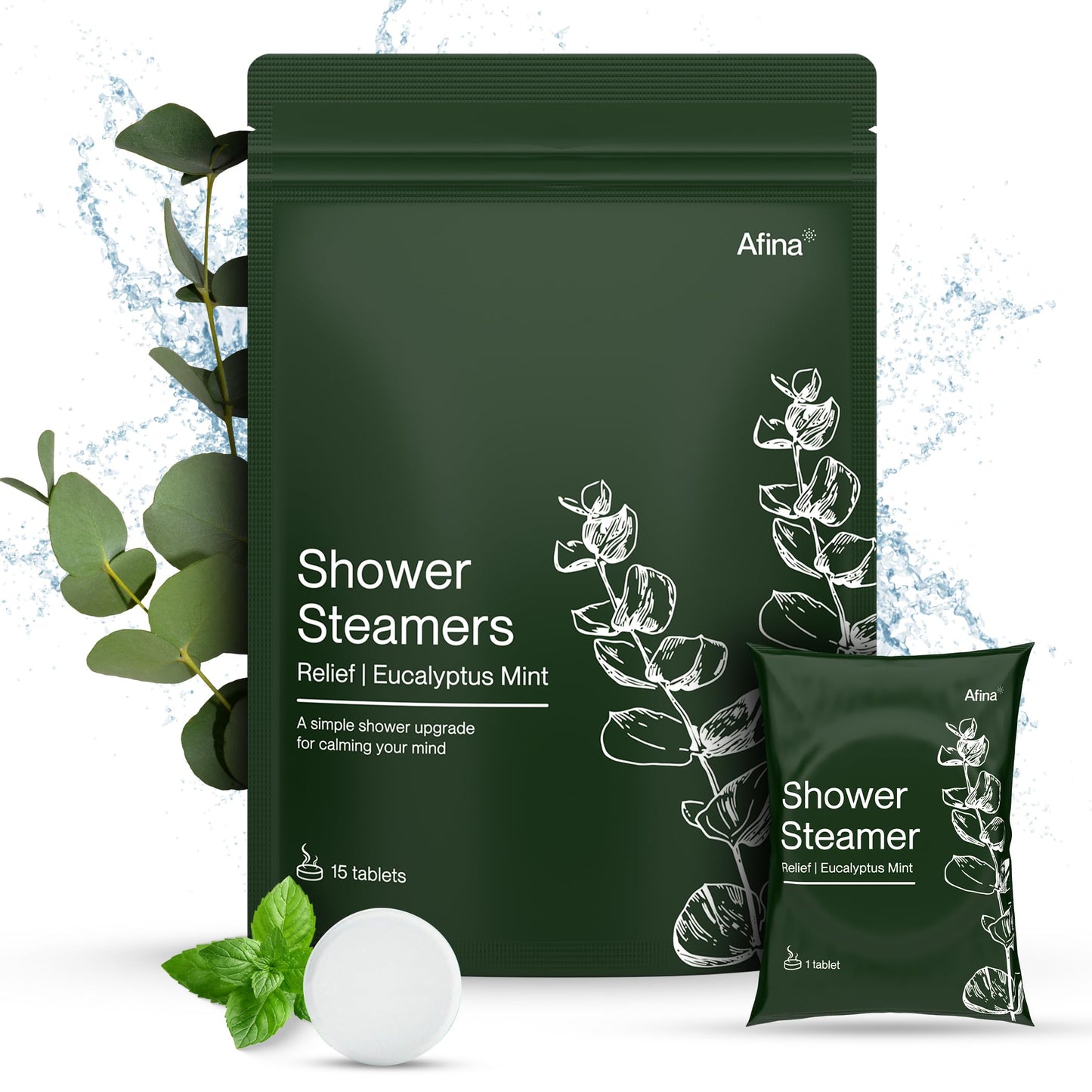 Afina Shower Steamers | Relief | Eucalyptus Mint | Natural Aromatherapy for Stress Relief and Relaxation | Spa Gifts for Women & Men (15 Count)