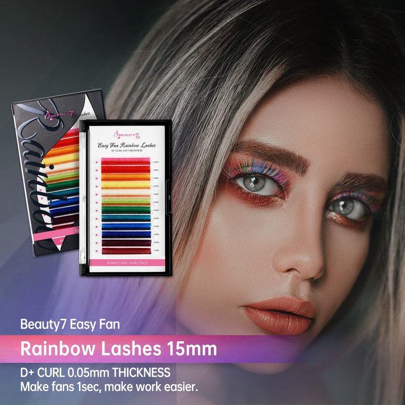 Beauty7 Colored Lash Extensions Rainbow Lashes Easy Fan 12 Colors Lashes Self Fanning Ombre Lash Extensions D+ Curl 0.05mm thickness 15mm Dramatic Eyelashes Extension