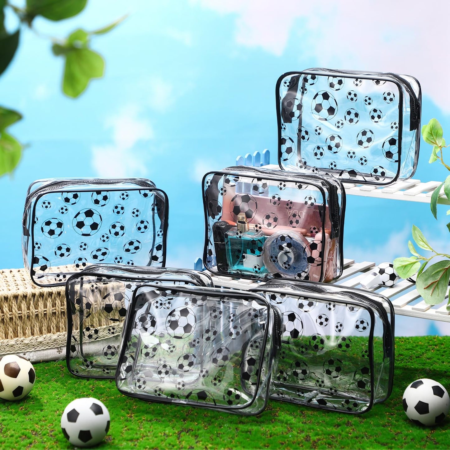 Kacctyen 20 Pcs Soccer Makeup Bags Bulk for Girls Women Football Team Party Favors Goodie Snack Bags 8 x 6 x 2.4'' Clear Cosmetic Bag Bulk for Soccer Mom Accessories PVC Toiletry Pouch with Zipper