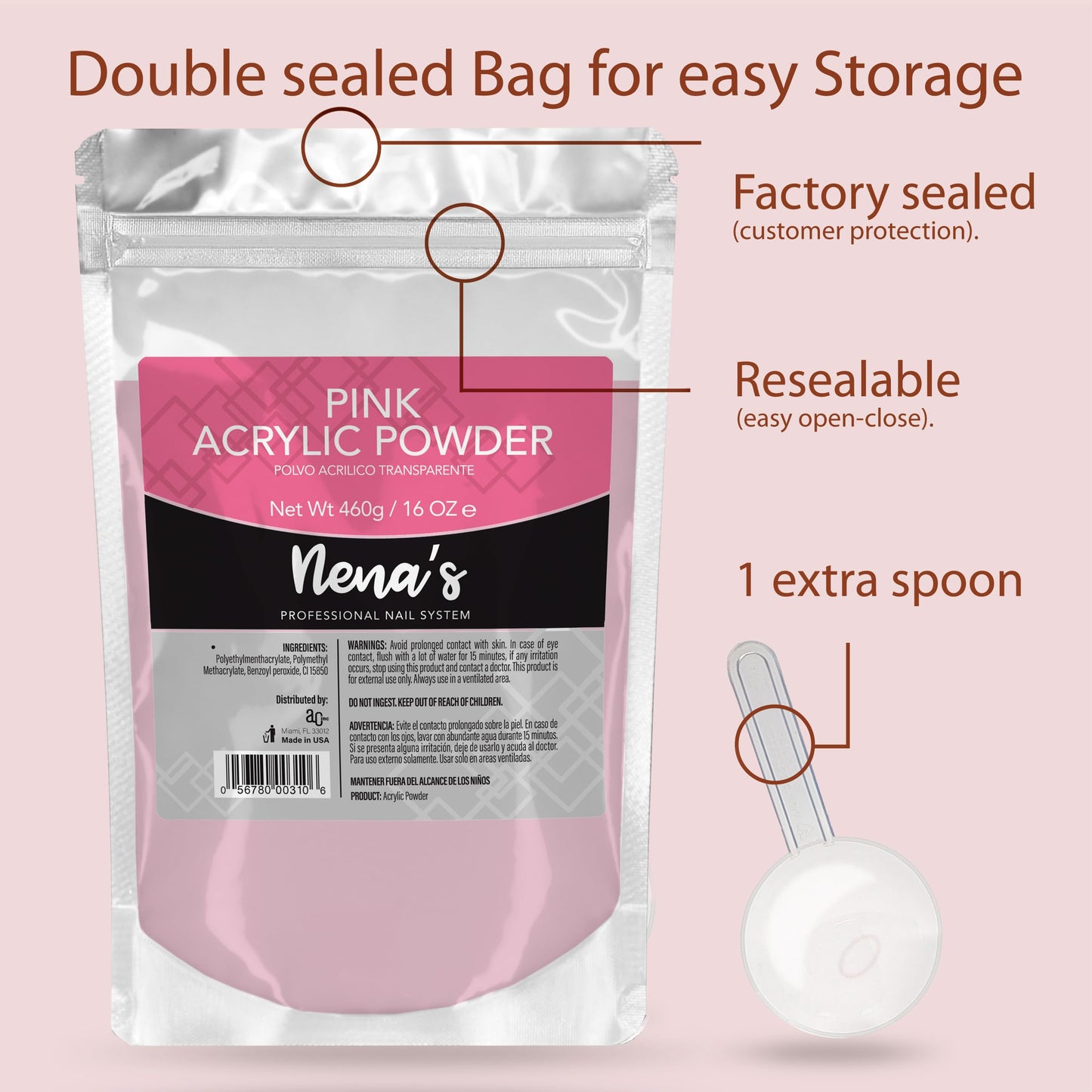 Nena's Superior Sculpting Powder Professional Acrylic Nail System Clear Medium Pink 16 oz 460 g (Pink)