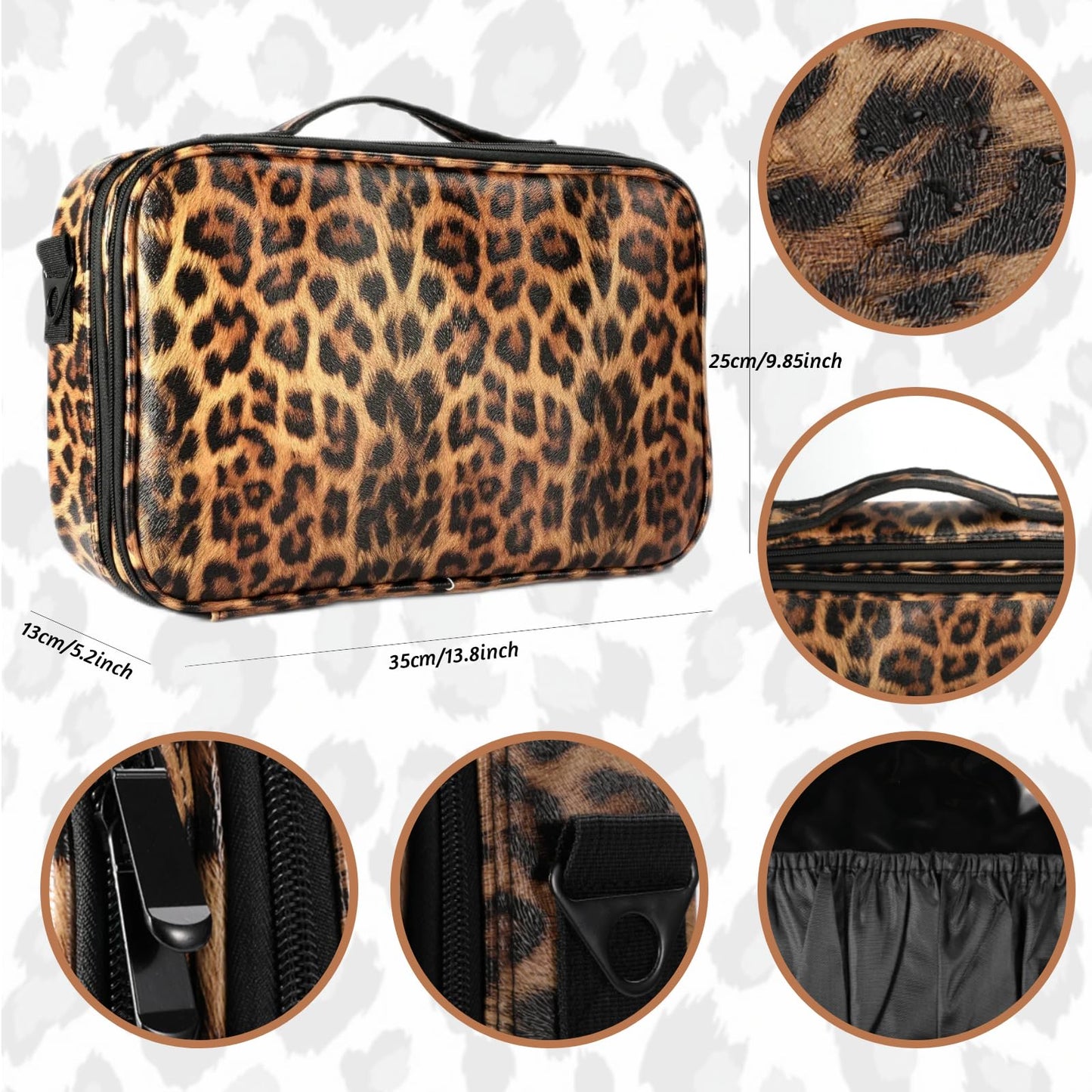 GERYUAEG Makeup Case Large Travel Makeup Bag 3 Layers Cosmetic Train Case Cosmetic Organizer Brush Holder Waterproof Makeup Storage Bag with Adjustable Dividers and Shoulder Strap (Leopard)