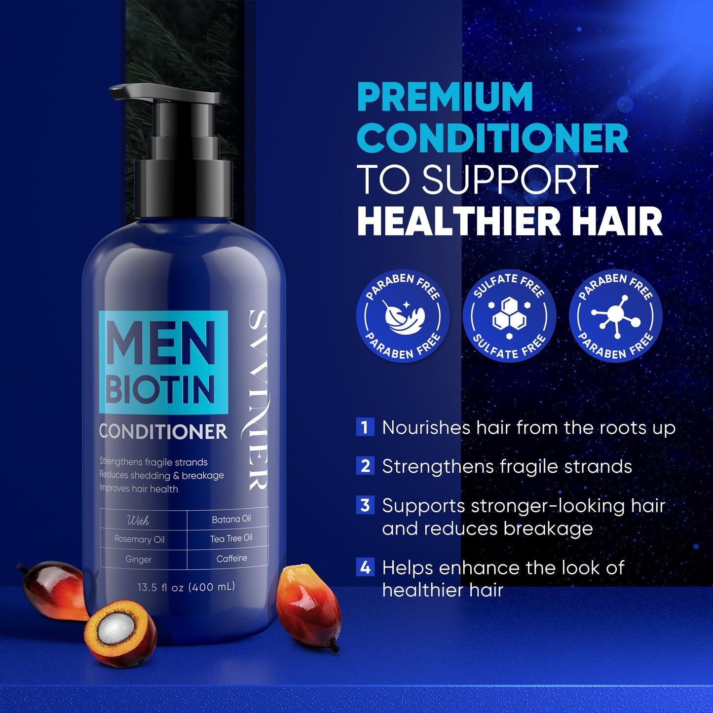 Svvimer Biotin Hair Conditioner for Men - Thickening Volumizing Conditioner with Rosemary Tea Tree Oil Caffeine for Thinning Damaged Dry Hair sulfate free - 13.5 Fl Oz (Pack of 1)