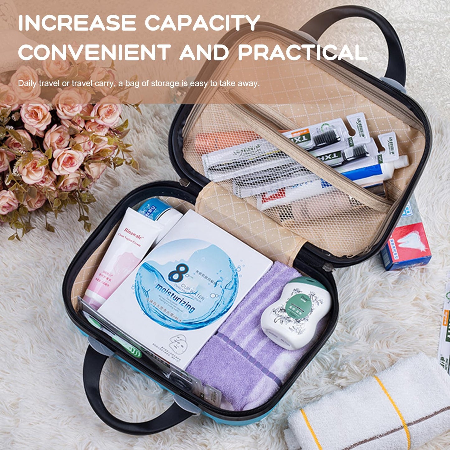 HAHONIA 14inch Hard Shell Vanity Cases with Elastic Band and Zipper, 10L Portable Waterproof ABS Beauty Case, Cosmetic Case for Women Girl