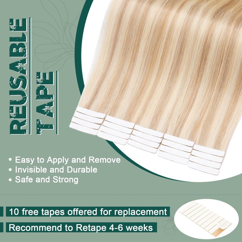 Benehair Remy Tape in Hair Extensions Human Hair Ash Blonde&Bleach Blonde Seamless Skin Weft Tape in Real Human Hair Extensions Straight Hair 16 Inch 30g #18P613 20 pcs