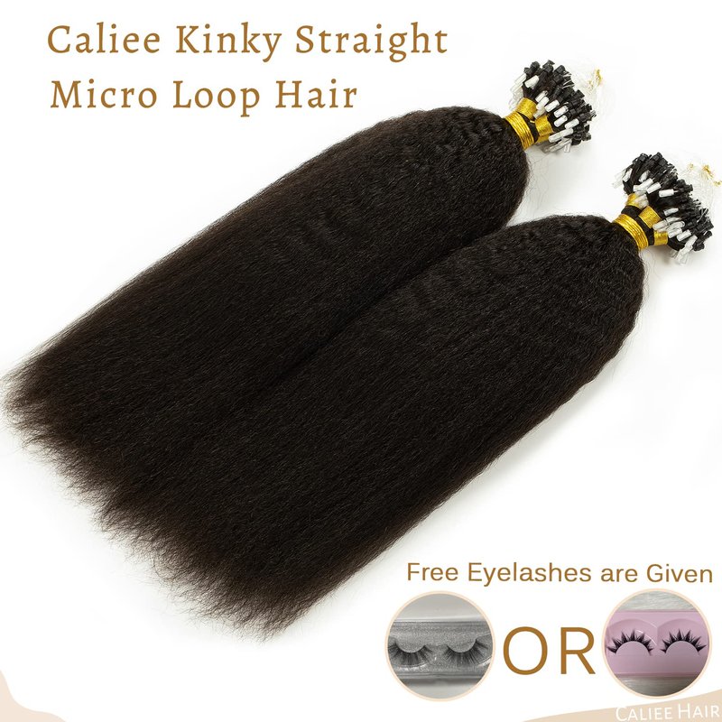Caliee Microloop Hair Extensions Microlink Human Hair for Black Women Kinky Straight 16 Inch Micro Beads Hair Extensions Human Hair Natural Black 1B Color 50g 50s