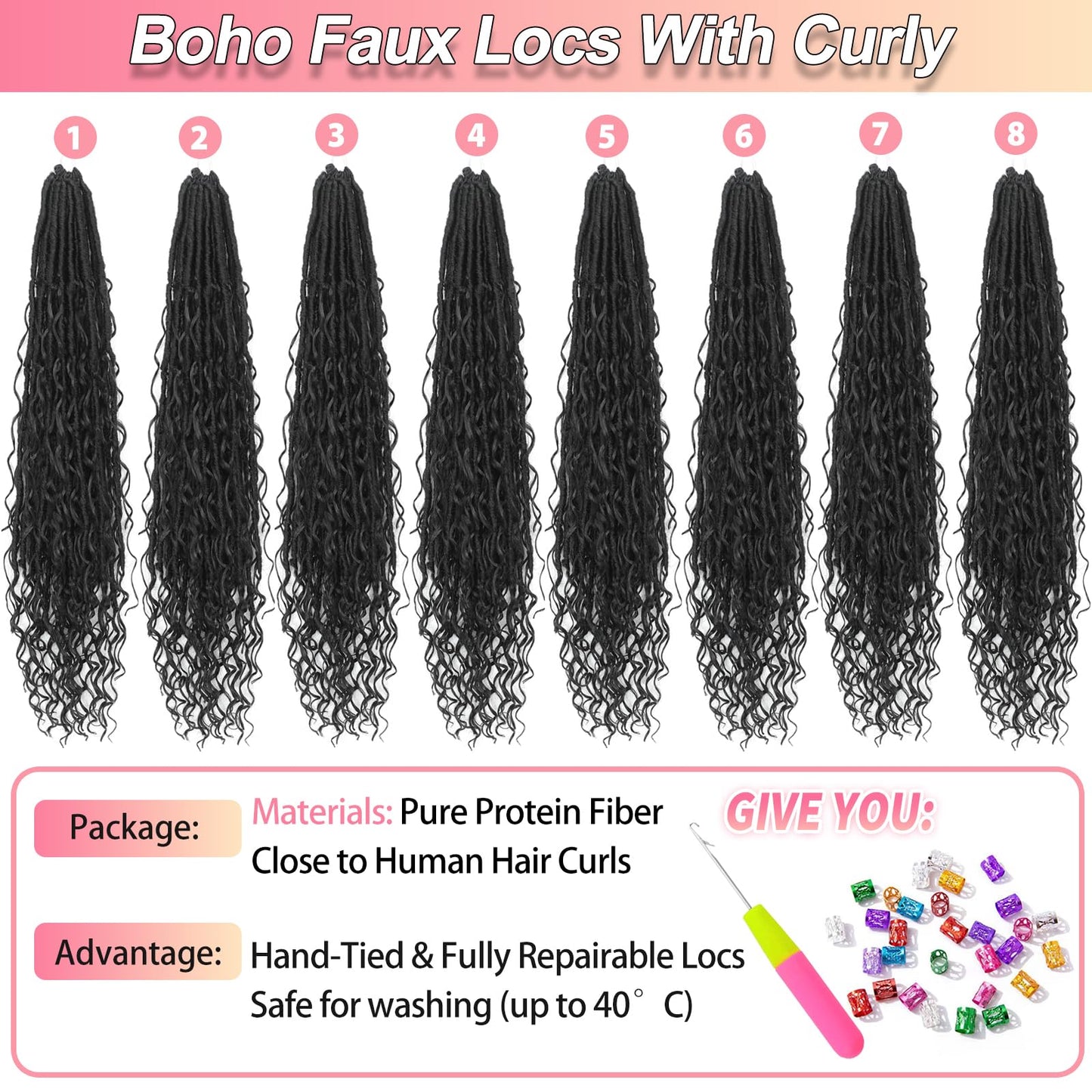 Boho Faux Locs Crochet Hair 24 Inch Goddess Locs 8 Packs Boho Soft Locs Crochet Hair with Curly Ends Pre-looped Long Bohemian River Locs for Black Women (1B, 24 Inch(Pack of 8))
