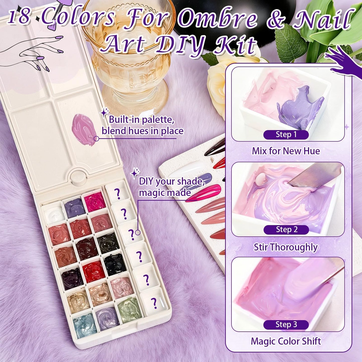 GJYUQHUA 18 Colors Patting Gel Polish & Tools Kit - Pat Pat Gel Polish Palette for Ombre Nails，UV/LED Cured Gradient Blooming Manicure Kit DIY with Nail Sponges & Tools