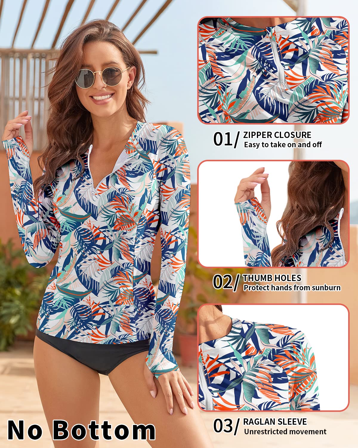 WOWENY Women's Long Sleeve Swimsuit Rash Guard Swim Shirts UPF 50+ Thumb Holes UV Bathing Suit