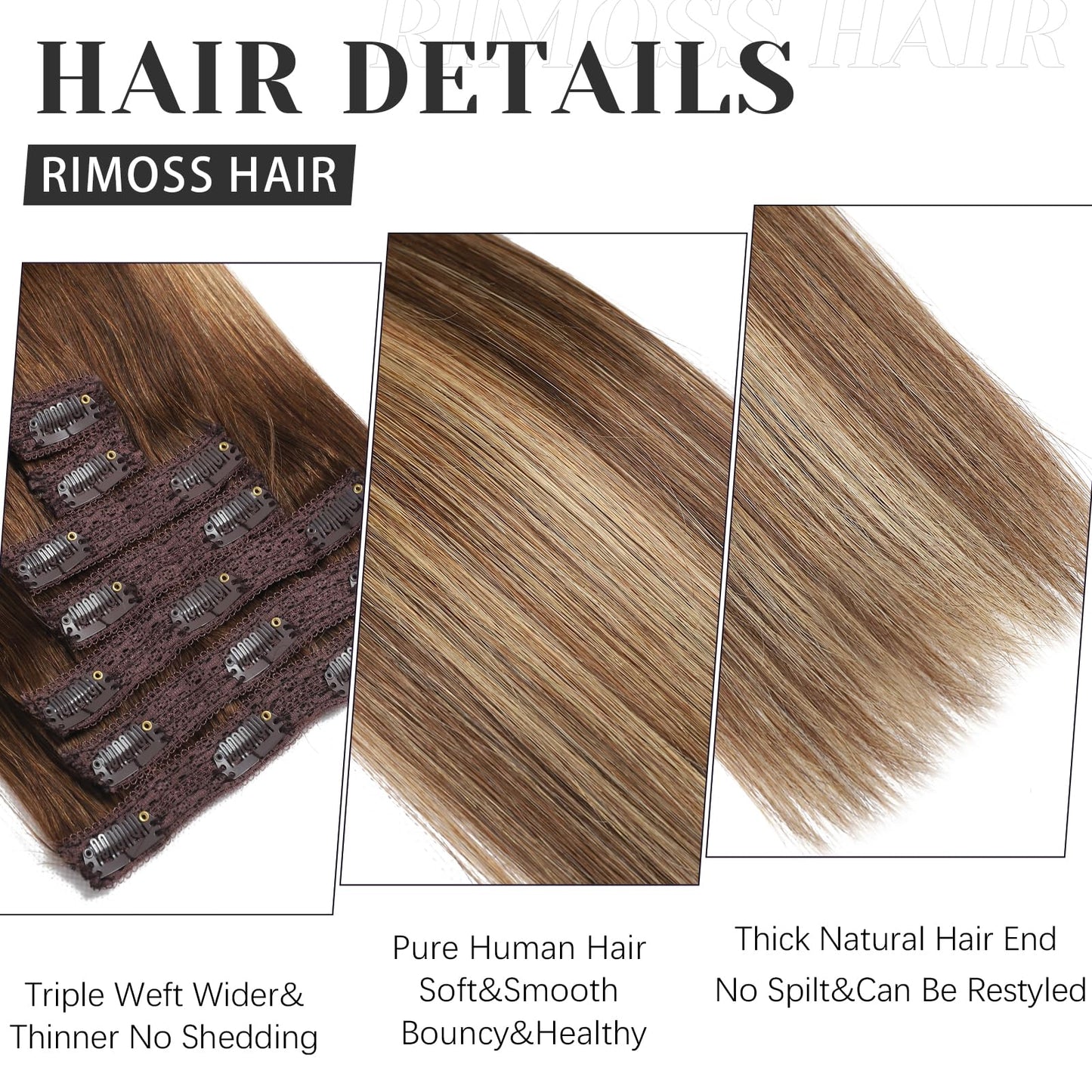 Rimoss Clip in Hair Extensions Real Human Hair - 14 Inch 7pcs, Ombre Chocolate Brown to Caramel Blonde Balayage Color - Soft Human Hair Clip in Extensions Straight for Women