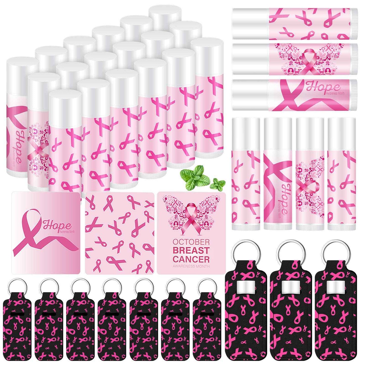 Swiffen 36 Pcs Breast Cancer Awareness Lip Balms with Holder Keychains Pink Ribbon Gifts Bulk Pink out Day Breast Cancer Accessories Survivor Gifts Natural Moisturizing Care for Girls Youth Cheer Team