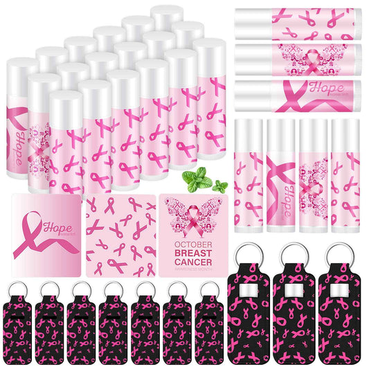 Swiffen 36 Pcs Breast Cancer Awareness Lip Balms with Holder Keychains Pink Ribbon Gifts Bulk Pink out Day Breast Cancer Accessories Survivor Gifts Natural Moisturizing Care for Girls Youth Cheer Team