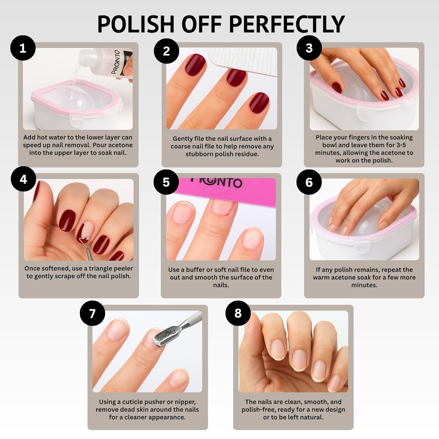 Pronto Gel Nail Polish Remover Kit - 8 Oz Pure Acetone | Complete Nail Care Set with File, Soak Off Bowl & Buffer