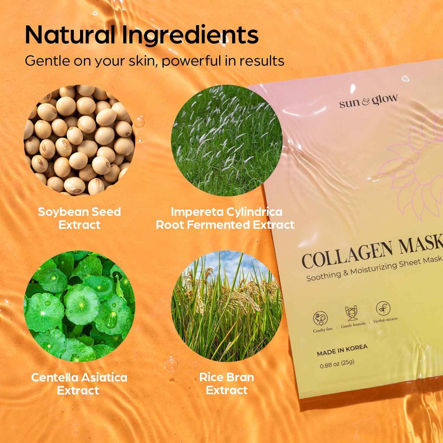 SUN & GLOW VEGAN COLLAGEN MASK Including Natural Elements Fermented 7-Layer Hyaluronic Acid Complex Soothing and Moisturizing Skin Korean Home Skincare Mask (0.88oz 25g 5Packs)