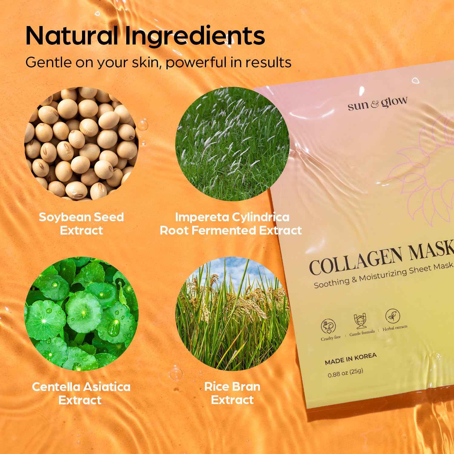 SUN & GLOW VEGAN COLLAGEN MASK Including Natural Elements Fermented 7-Layer Hyaluronic Acid Complex Soothing and Moisturizing Skin Korean Home Skincare Mask (0.88oz 25g 5Packs)