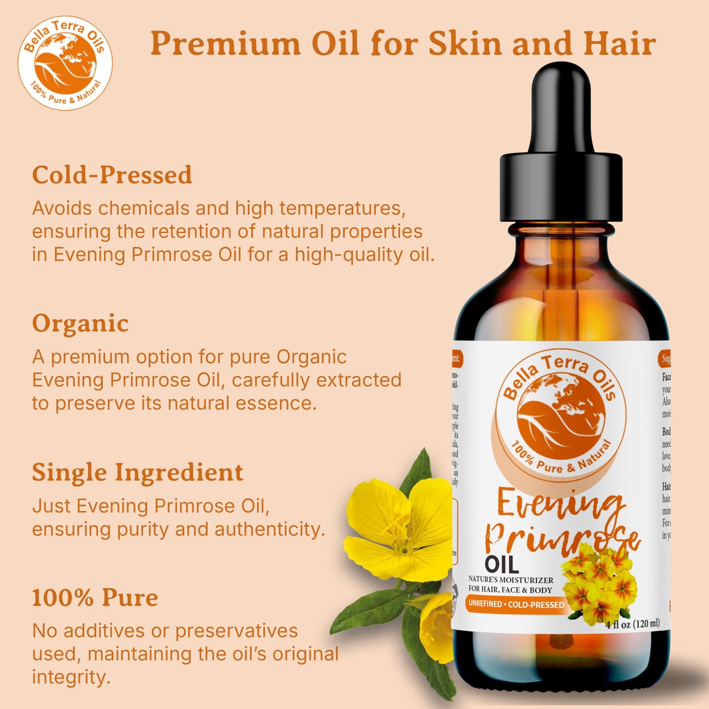 Bella Terra Oils - Organic Evening Primrose Oil 16oz - Discover the Cold-Pressed Excellence of Primrose, Loaded with Essential Nutrients & Omega-6, Distinct Elixir for Luminous Skin