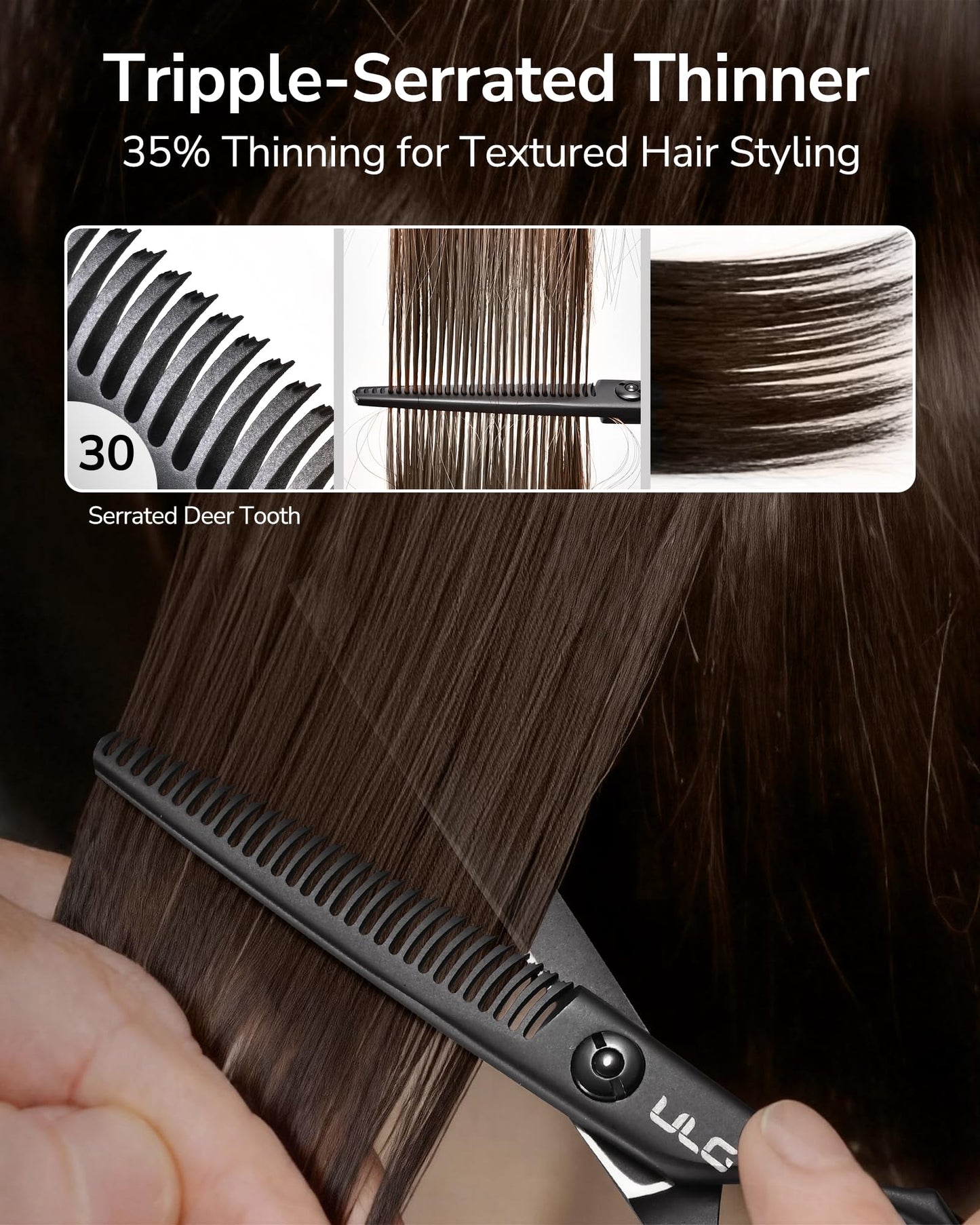 ULG Texturizing Shears – Professional Stainless Steel, 30-Teeth Thinning Scissors, Teflon Coated, Deer Tooth Blades for Precise Thinning and Layering, Ideal for Stylists and Barbers