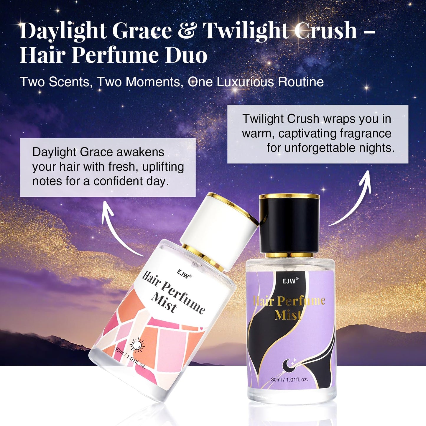 Hair Perfume Set for Women – Day & Night Duo Mist – Long Lasting, Clean & Nourishing Fragrance Spray – Alcohol-Free, Odor-Eliminating, Lightweight Formula – 2 x 3.4 fl oz