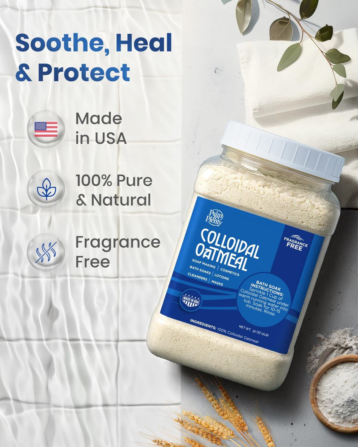 Palm and Plenty 100% Colloidal Oatmeal - Unscented, Ideal for DIY Bath Products, Skincare, Cosmetics, Natural Oatmeal Bath for Itching Adults, Soothing Agent for Itchy, Irritated Skin, 32oz