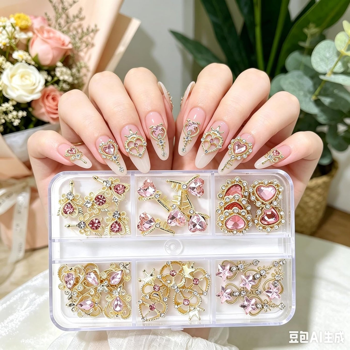 Pink Heart Nail Charms - 30pcs Luxury Alloy Rhinestones & Gems for Stunning Nail Art