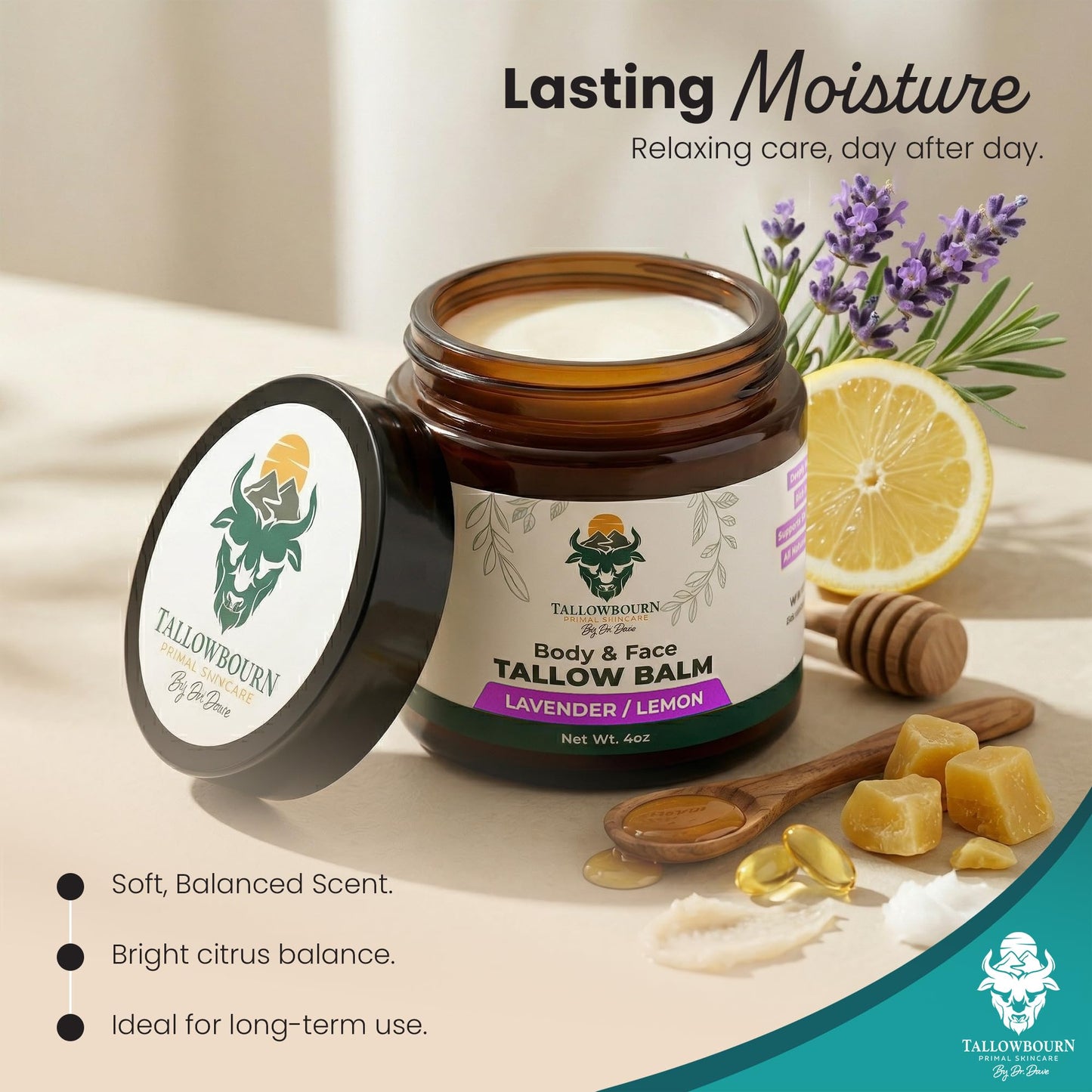 Tallowbourn Grass-Fed Beef Tallow Balm for Face & Body – Nourishing Moisturizer with Shea Butter, Jojoba Oil, Honey & Beeswax – Revitalizing Hydration for Dry Skin – Lavender and Lemon – 4 oz