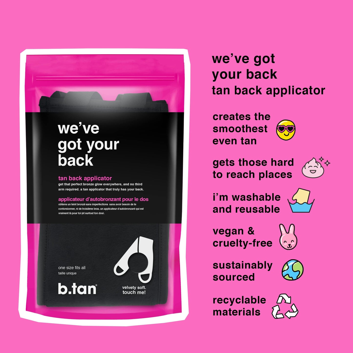 b.tan Back Self Tanning Applicator | We've Got Your Back - Best Sunless Tanner Body Mitt w/Handles, Streak-Free, Velvety Soft, Reusable, Washable, Great for Foam, Mousse, Gradual Lotion, & Drops