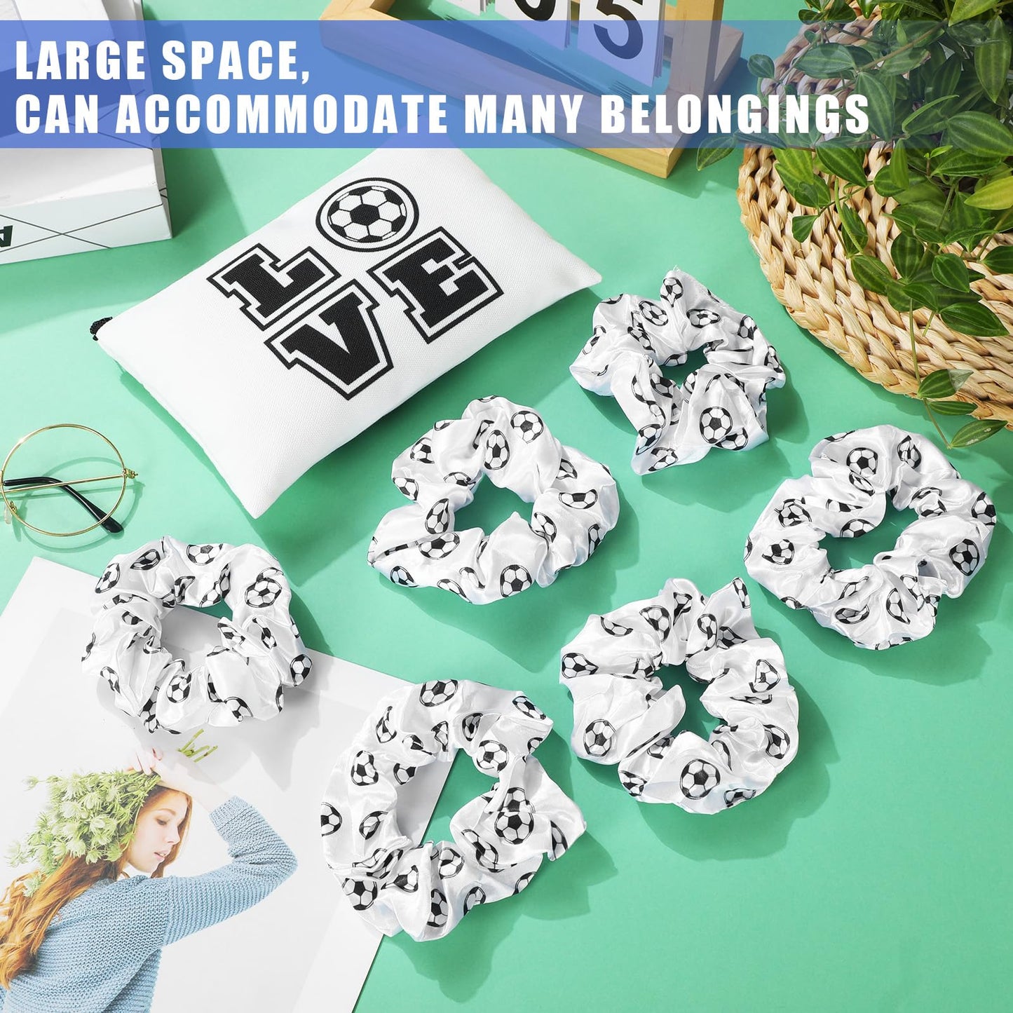 Locmeo 48 Pcs Soccer Team Gifts Include 12 Makeup Bags, 12 Hair Scrunchies, 12 Lip Balms, 12 Lip Balm Holders for Soccer Players, Girl Sports Team Accessories
