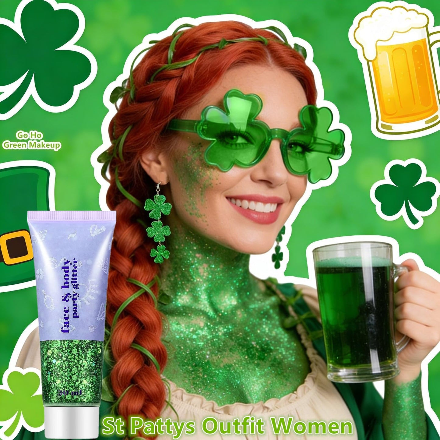 Go Ho Green Face Body Glitter,Shamrock Dangle Earrings for Women and Shamrock Sunglasses Set,St Patricks Day Accessories,St Patricks Day Shirts Outfits for Women
