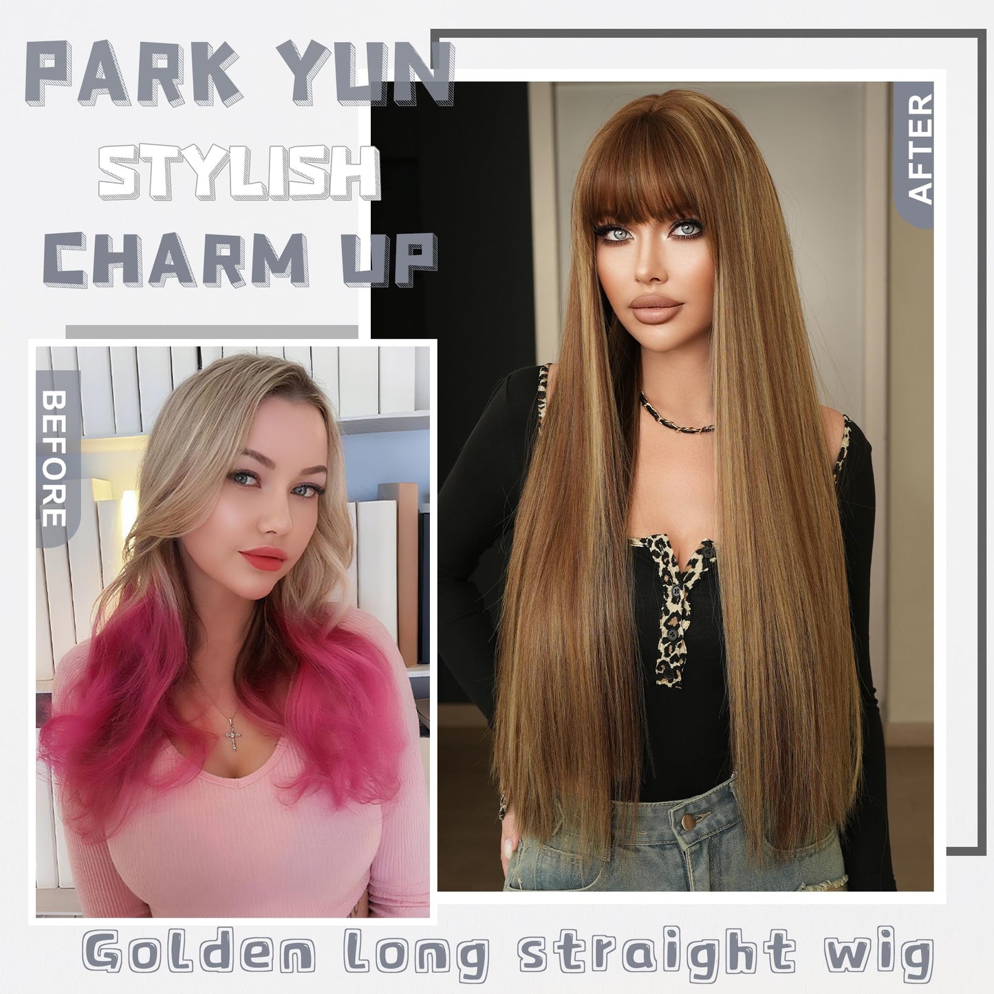 PARK YUN Blonde Highlight Wigs for Women 28 Inch Long Straight Synthetic Wig with Bangs Blonde Mix Brown Heat Resistant Silky Soft Fiber Glueless Full Wig for Daily Party Cosplay Use