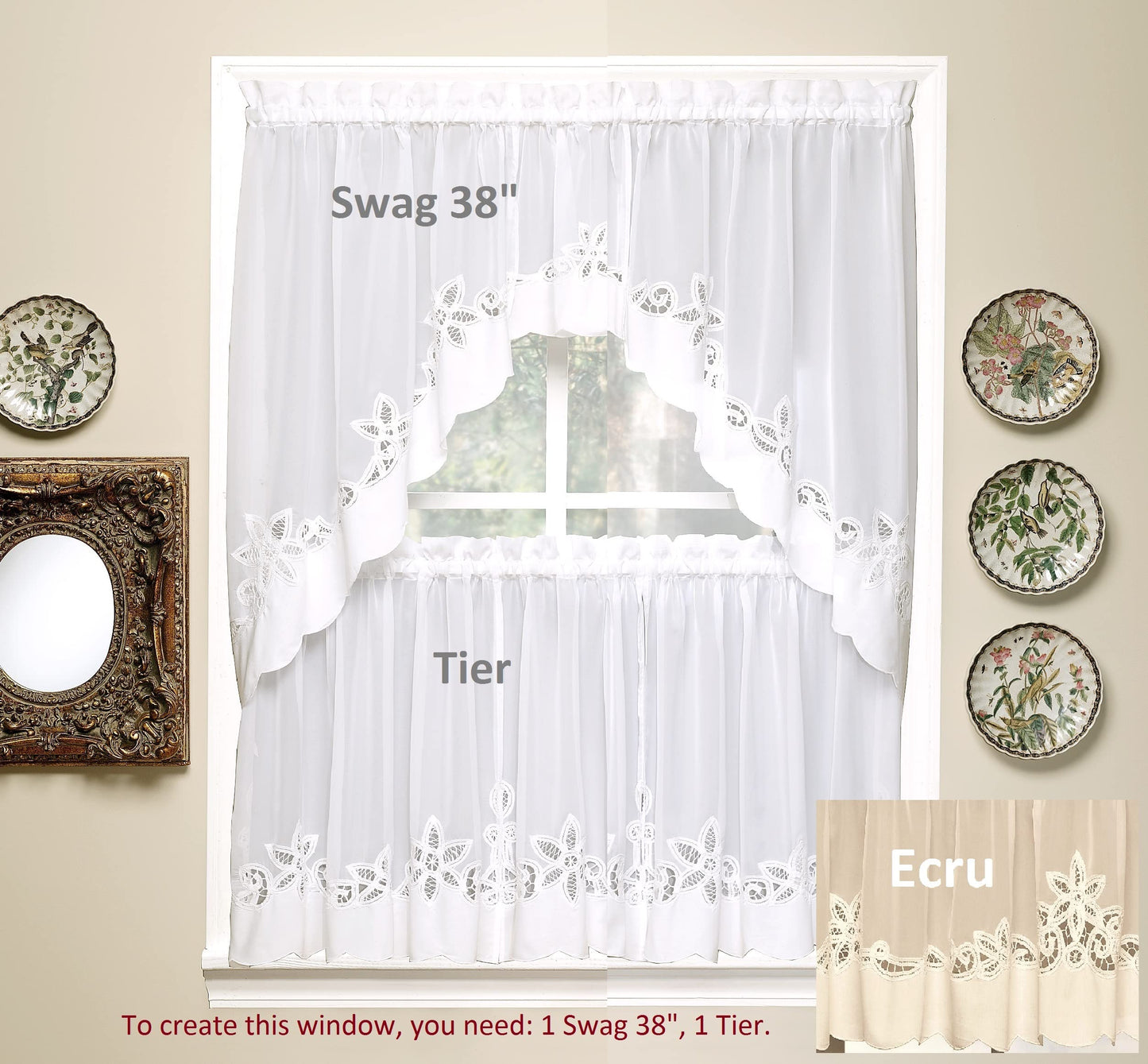 Today's Curtain Plymouth Classic Battenburg Applique Sheer Window Tier, 30-Inch, Ecru