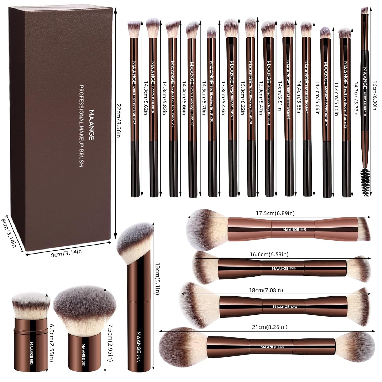 MAANGE 20 Pcs Makeup Brushes Set - Double-End Multi-Functional Blending Brushes | Coffee Brown