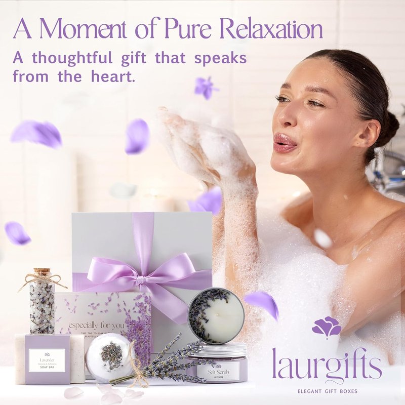 Lavender Spa Gift Basket - Relaxing Self-Care Set with Candle & Bath Essentials | Perfect Birthday Gift for Women