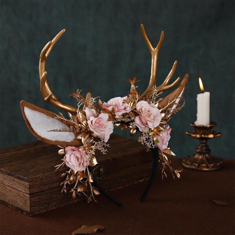Handmade Gold Flower Antler Headband - Woodland Floral Reindeer Hairpiece for Women | Pink Rose Cosplay Accessory